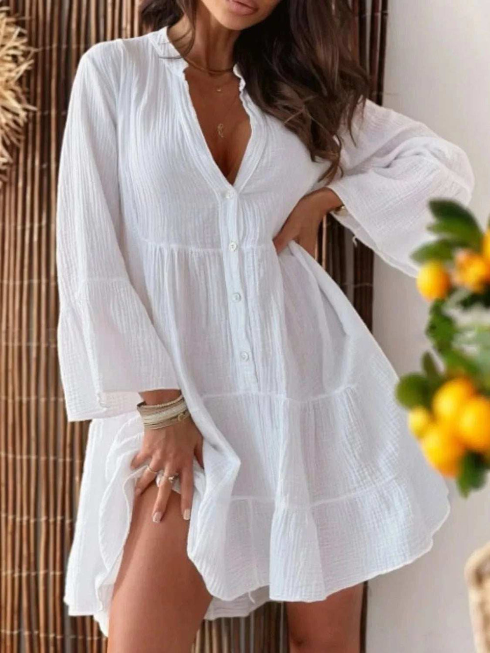 Button Detail Notched Long Sleeve Dress - Trendsi - Flyclothing LLC