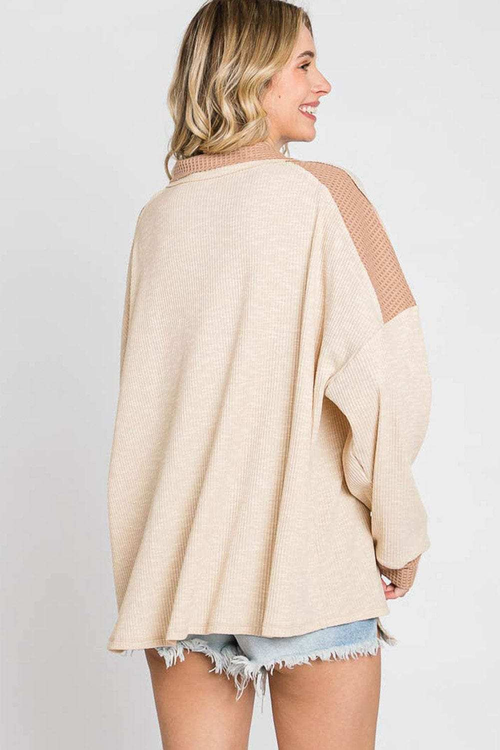 Waffle-Knit Color Block Half Button Long Sleeve Top - Trendsi - Flyclothing LLC