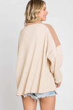 Waffle-Knit Color Block Half Button Long Sleeve Top - Trendsi - Flyclothing LLC