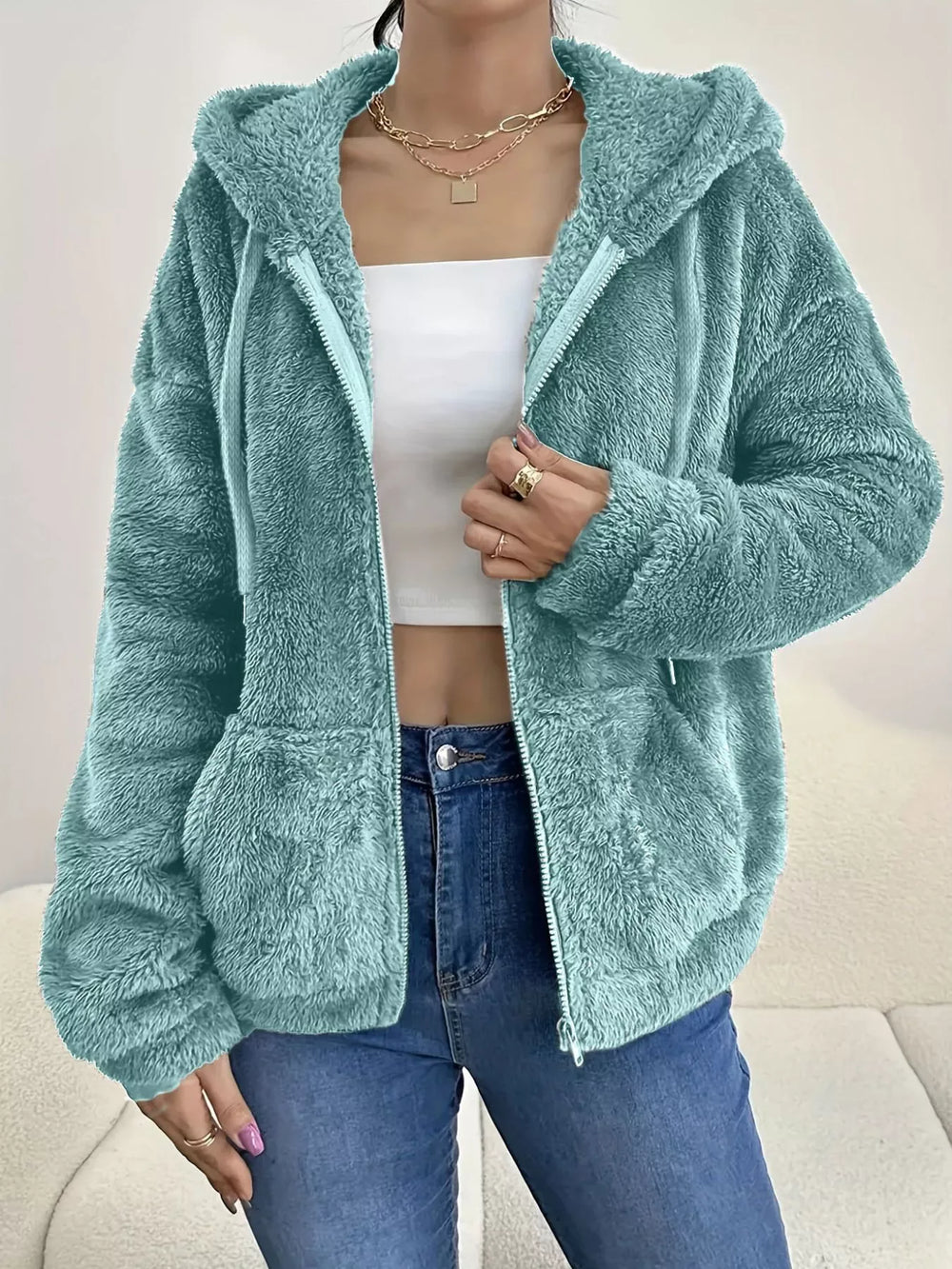 Drawstring Fleece Zip-Up Outerwear - Trendsi - Flyclothing LLC