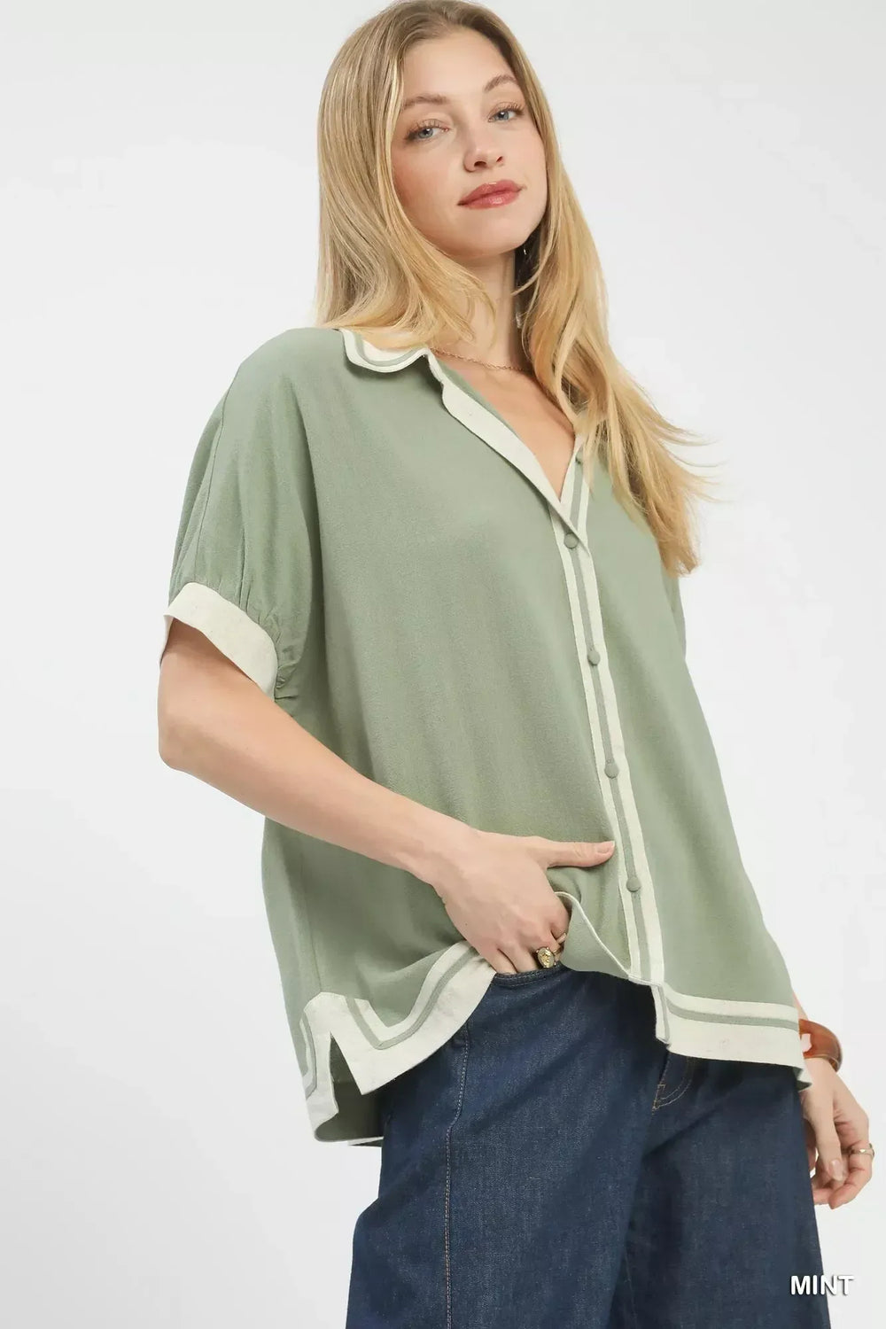 Umgee Linen Button Front Top with Contrast Piping - Trendsi - Flyclothing LLC