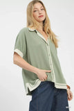 Umgee Linen Button Front Top with Contrast Piping - Trendsi - Flyclothing LLC