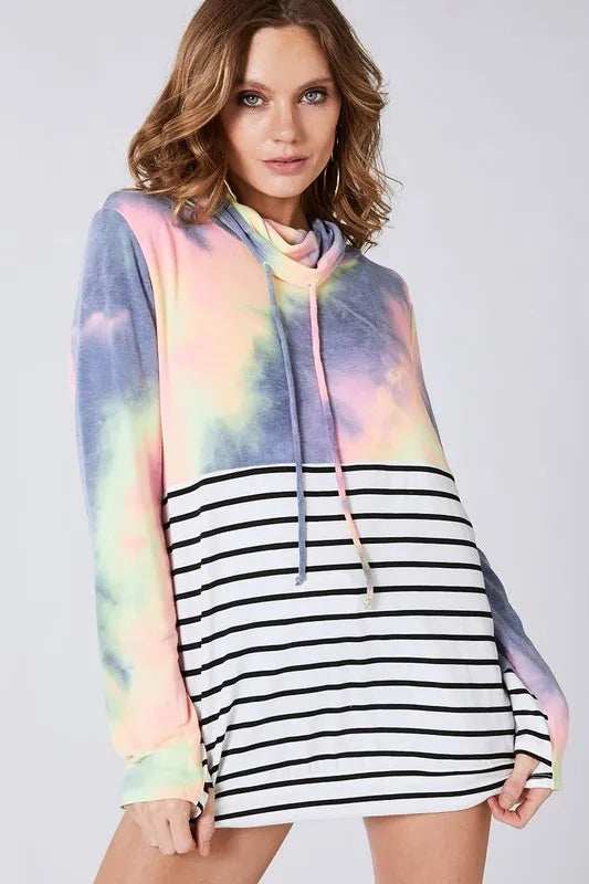 BiBi Tie Dye French Terry Cowl Neck Top - Trendsi - Flyclothing LLC