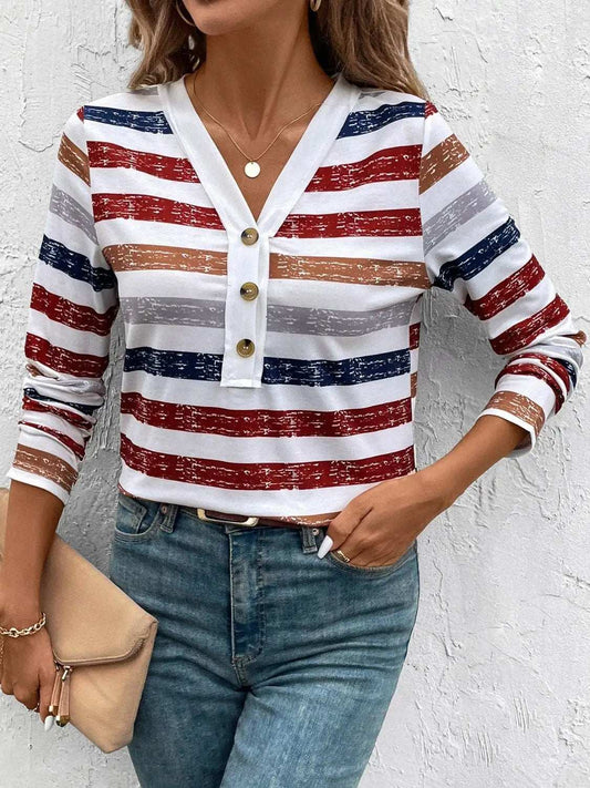 Contrast Striped V-Neck Long Sleeve T-Shirt - Trendsi - Flyclothing LLC