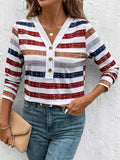 Contrast Striped V-Neck Long Sleeve T-Shirt - Trendsi - Flyclothing LLC