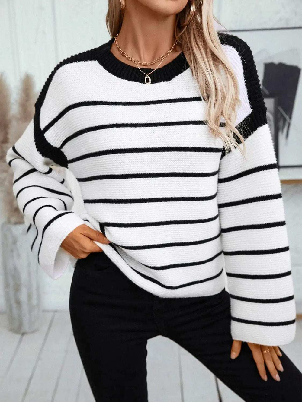 Striped Round Neck Long Sleeve Sweater - Trendsi - Flyclothing LLC