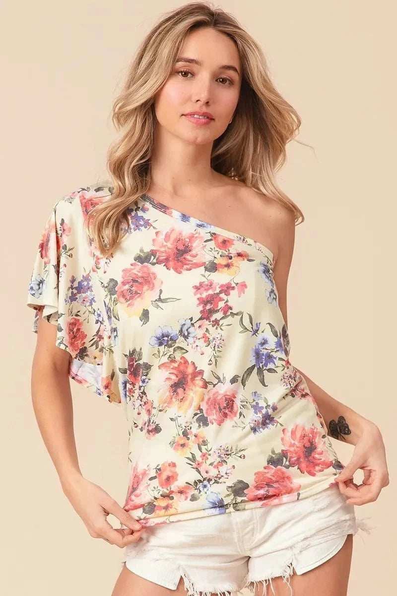 BiBi Floral Printed Jersey Knit Ruffle Sleeve Top - Trendsi - Flyclothing LLC