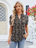 Ruched Printed Notched Short Sleeve Blouse - Trendsi - Flyclothing LLC