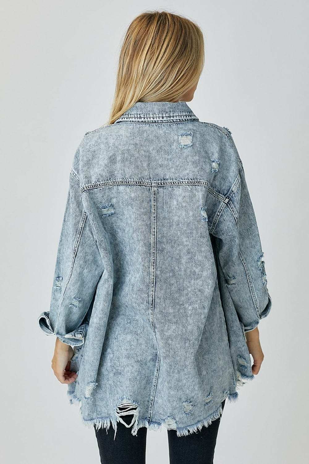RISEN Distressed Raw Hem Denim Shirt - Trendsi - Flyclothing LLC