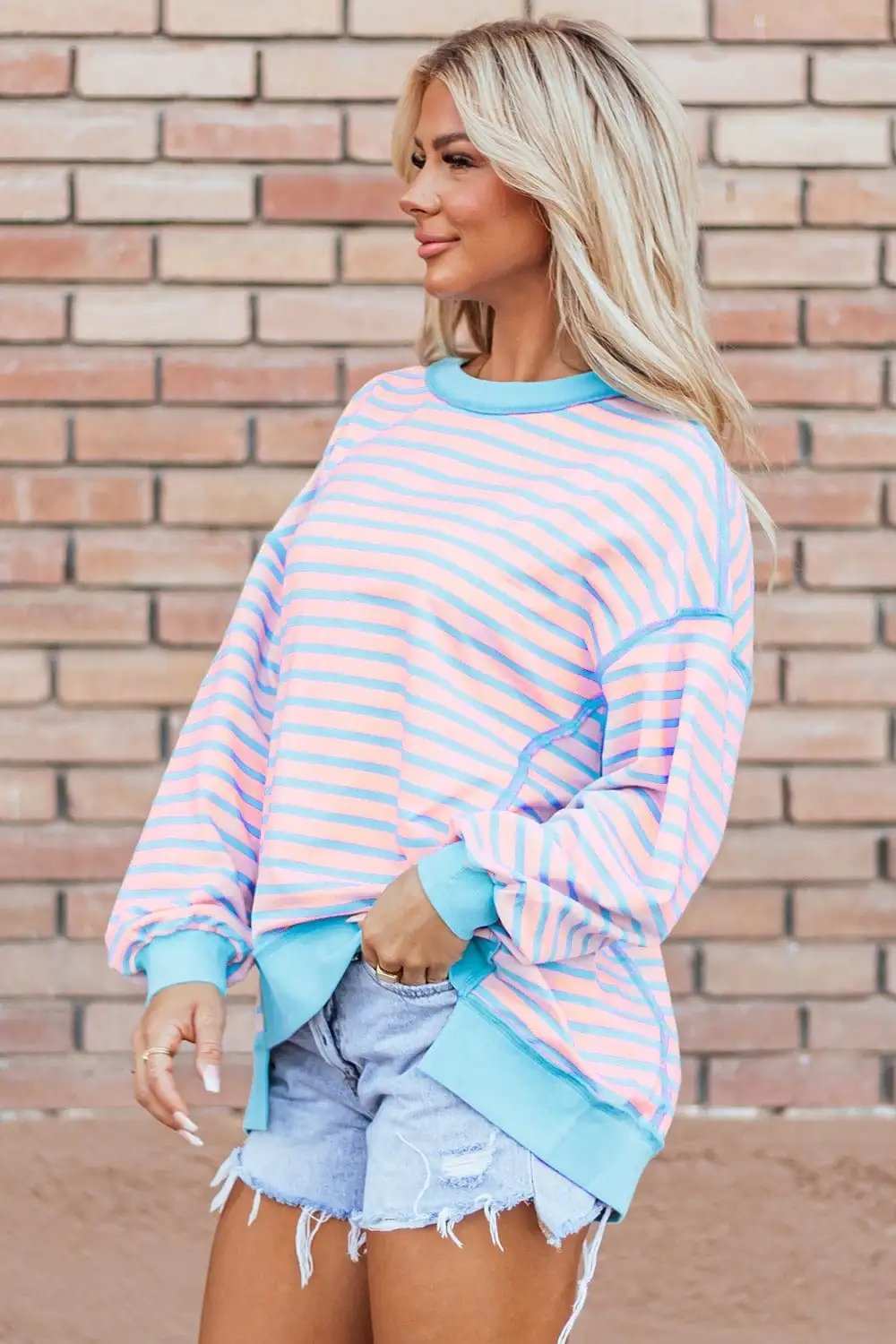 High-Low Striped Long Sleeve Sweatshirt - Trendsi - Flyclothing LLC