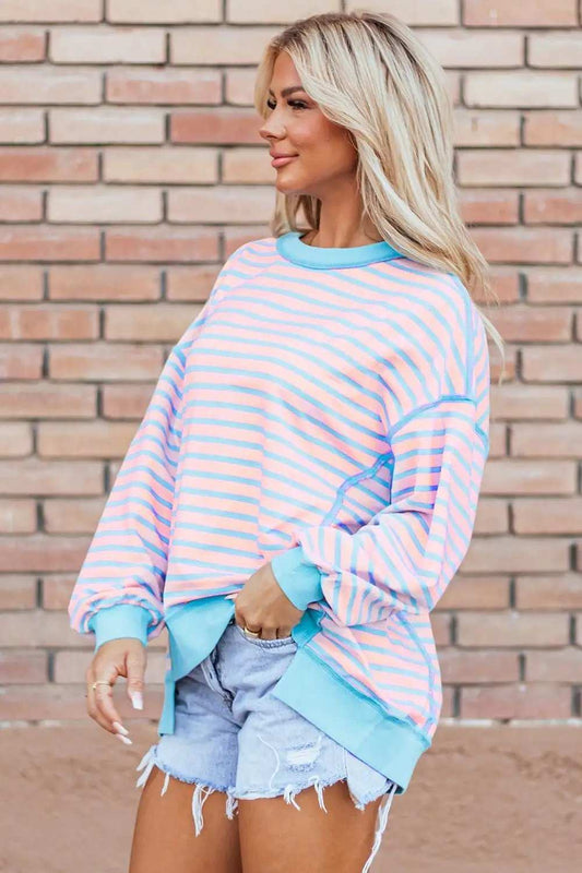 High-Low Striped Long Sleeve Sweatshirt - Trendsi - Flyclothing LLC