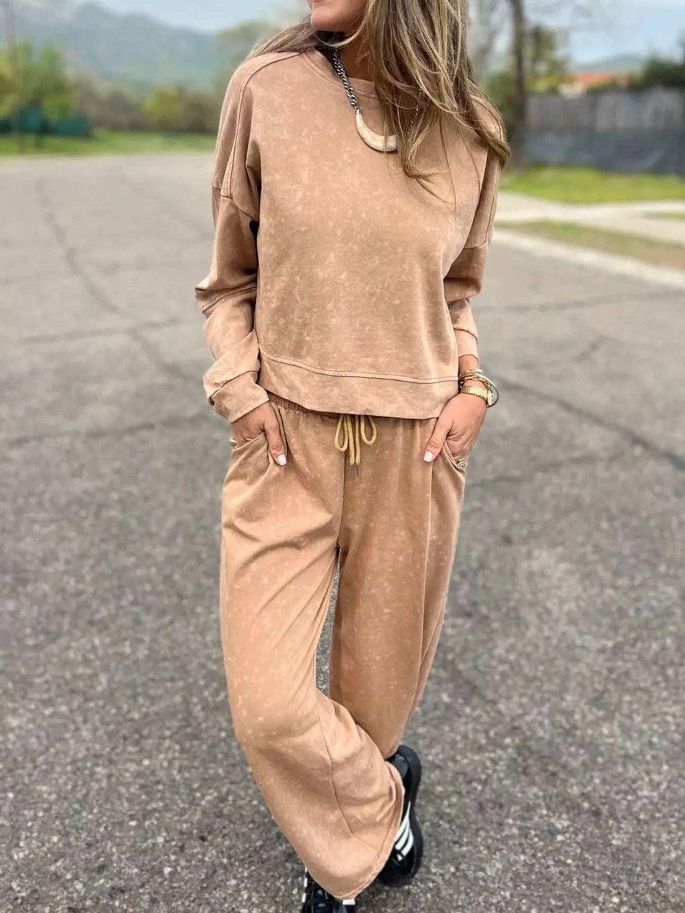 Full Size Washed Round Neck Top and Drawstring Pants Set Plus Size - Trendsi - Flyclothing LLC