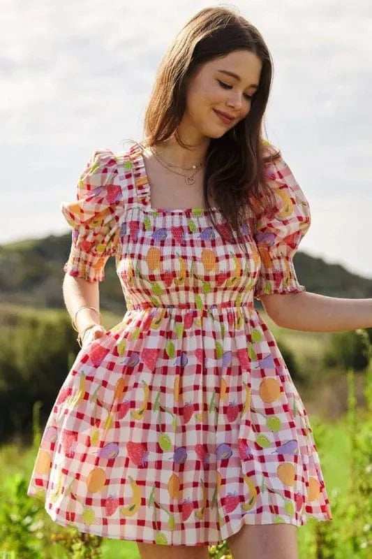 Davi & Dani Fruits Printed Smocking Mini Dress - Trendsi - Flyclothing LLC