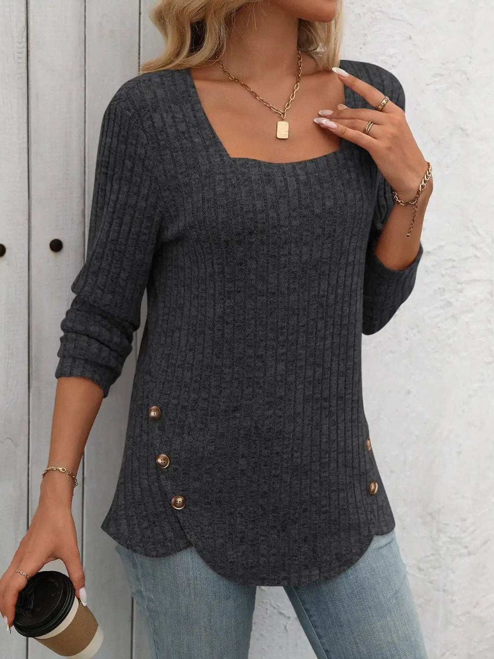 Square Neck Long Sleeve T-Shirt - Trendsi - Flyclothing LLC