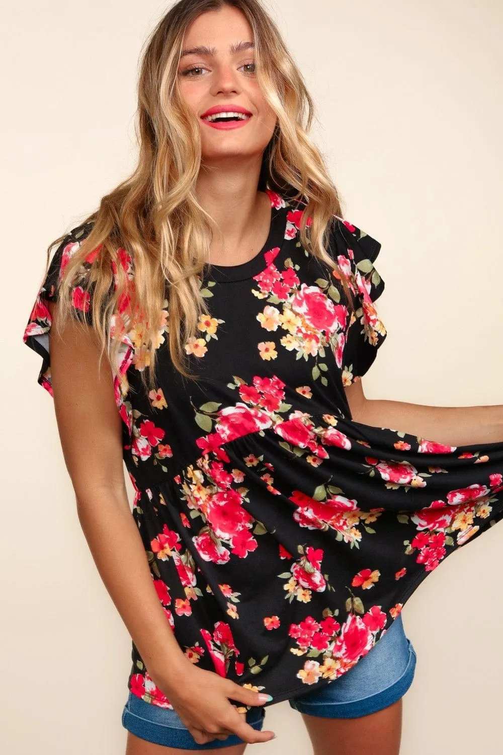 Haptics Floral Ruffle Short Sleeve Babydoll Top - Trendsi - Flyclothing LLC