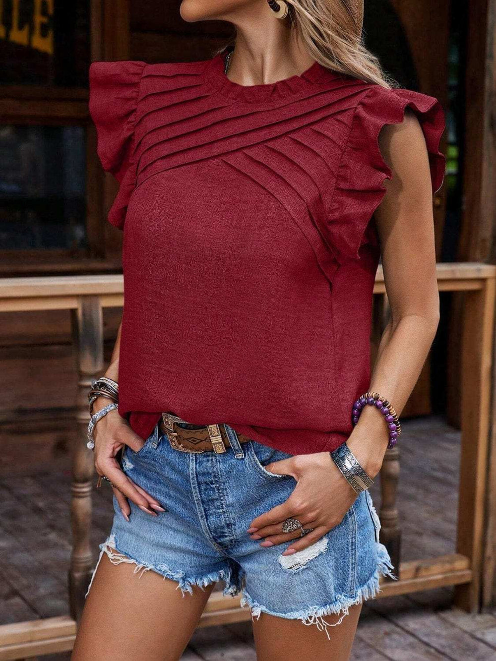 Frill Mock Neck Ruffled Cap Sleeve Blouse - Trendsi - Flyclothing LLC