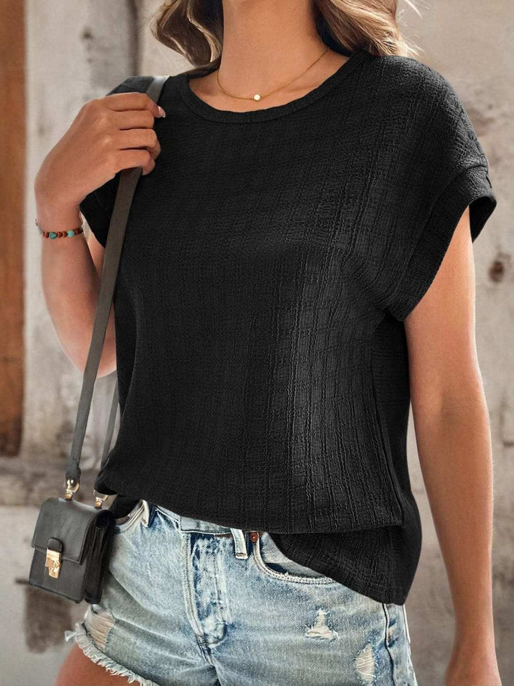 Textured Round Neck Short Sleeve Top - Trendsi - Flyclothing LLC