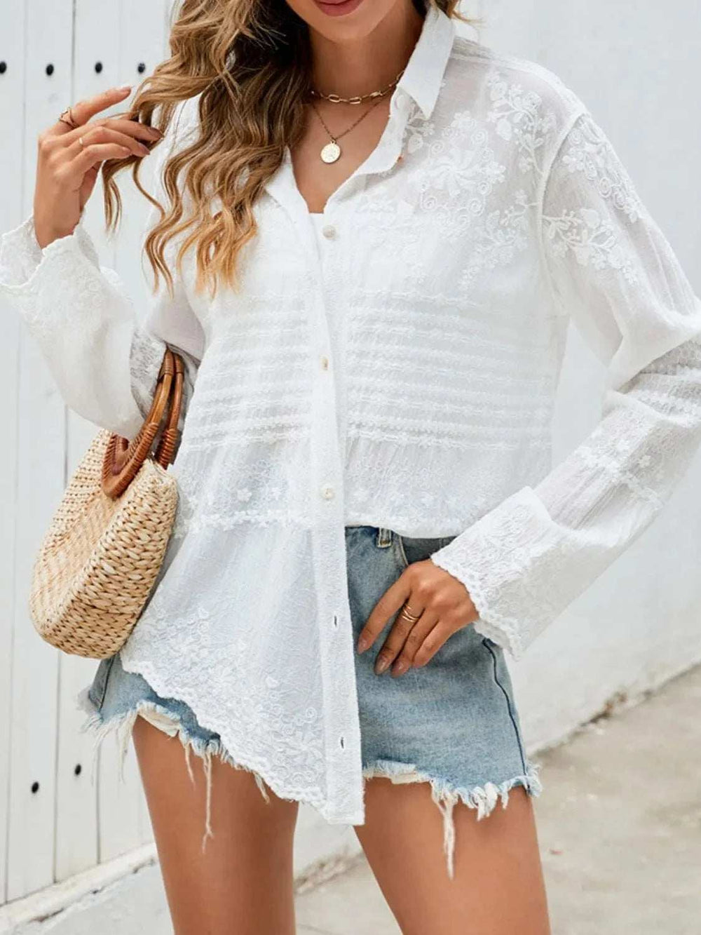 Button Down Collared Neck Long Sleeve Shirt - Trendsi - Flyclothing LLC