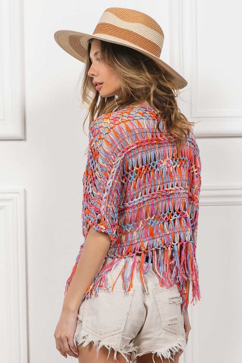 BiBi Open Front Fringed Crop Knit Cardigan - Trendsi - Flyclothing LLC
