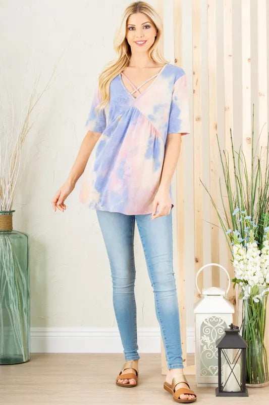Heimish Full Size Crisscross Tie Dye Babydoll Top Plus Size - Trendsi - Flyclothing LLC