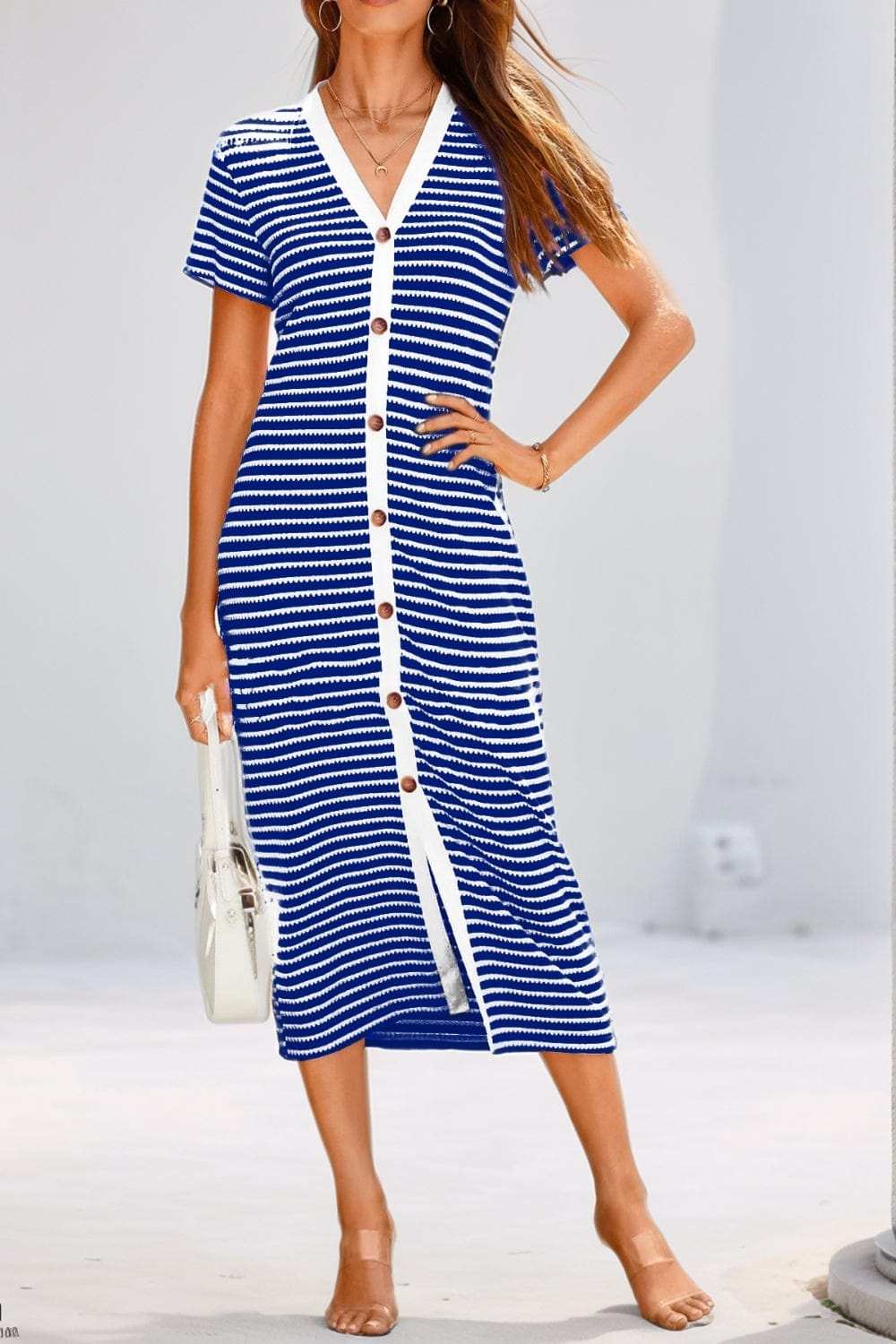 Contrast Striped V-Neck Short Sleeve Midi Dress - Trendsi - Flyclothing LLC