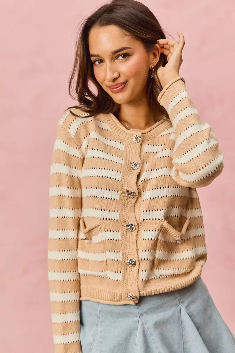 SO ME Stripe Long Sleeves Button Sweater Cardigan - Trendsi - Flyclothing LLC