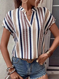 Striped Notched Short Sleeve Shirt - Trendsi - Flyclothing LLC