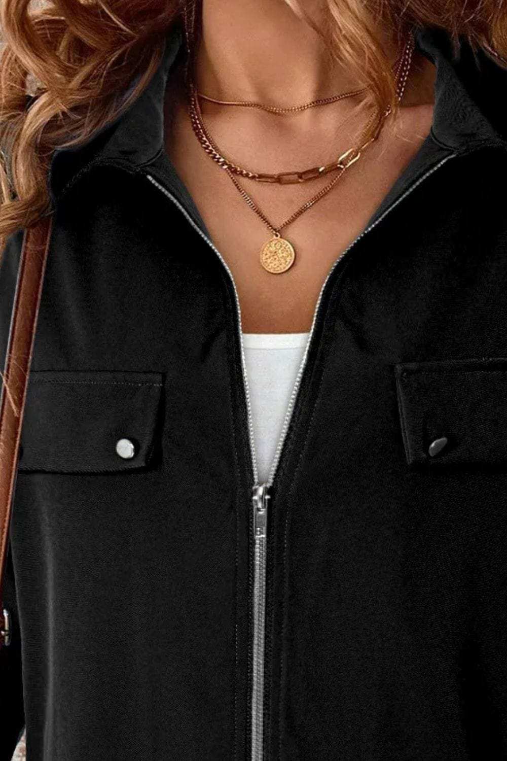 Pocketed Zip Up Collared Neck Long Sleeve Jacket - Trendsi - Flyclothing LLC