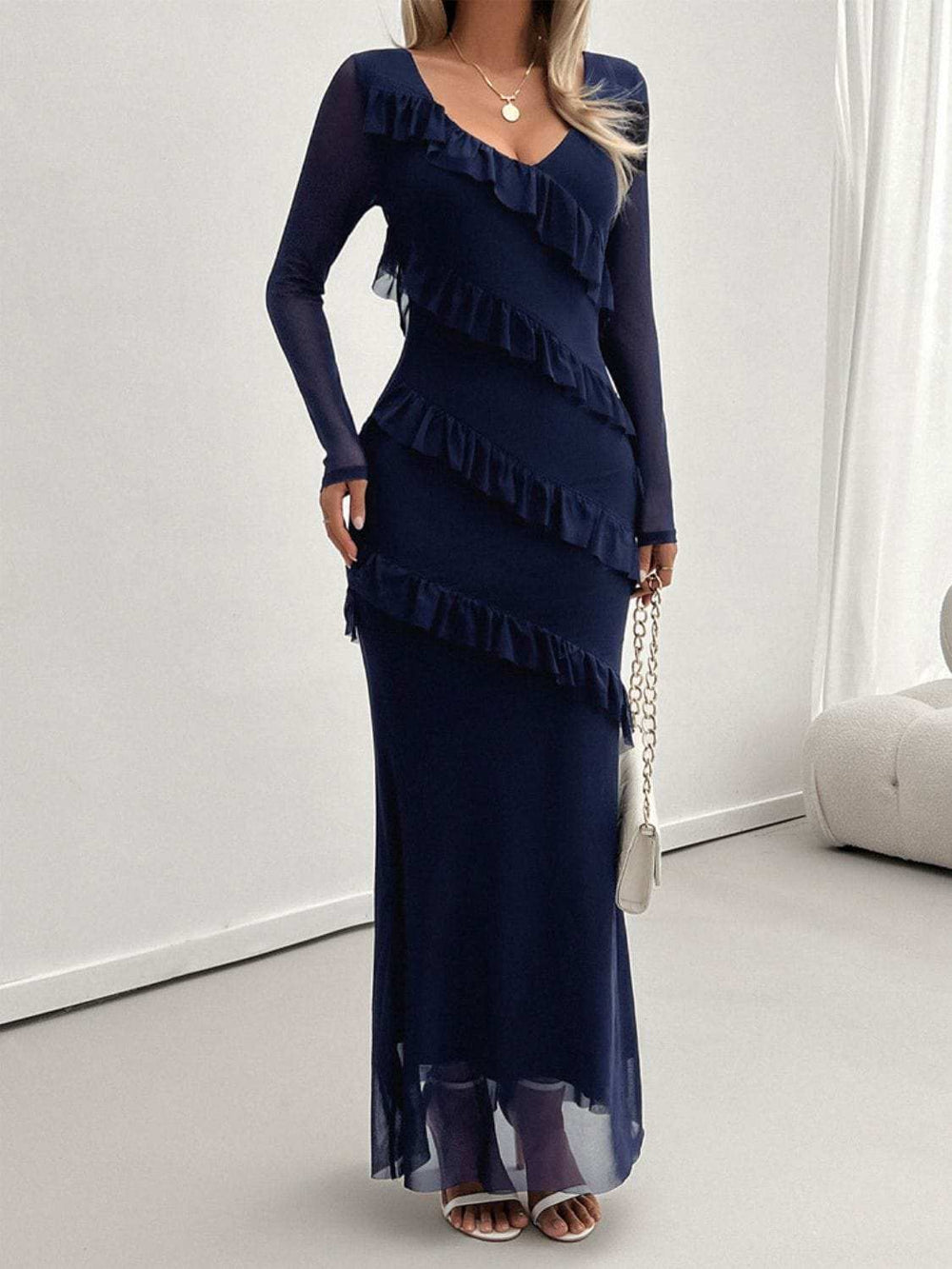 Devine Ruffled Surplice Long Sleeve Maxi Dress - Trendsi - Flyclothing LLC
