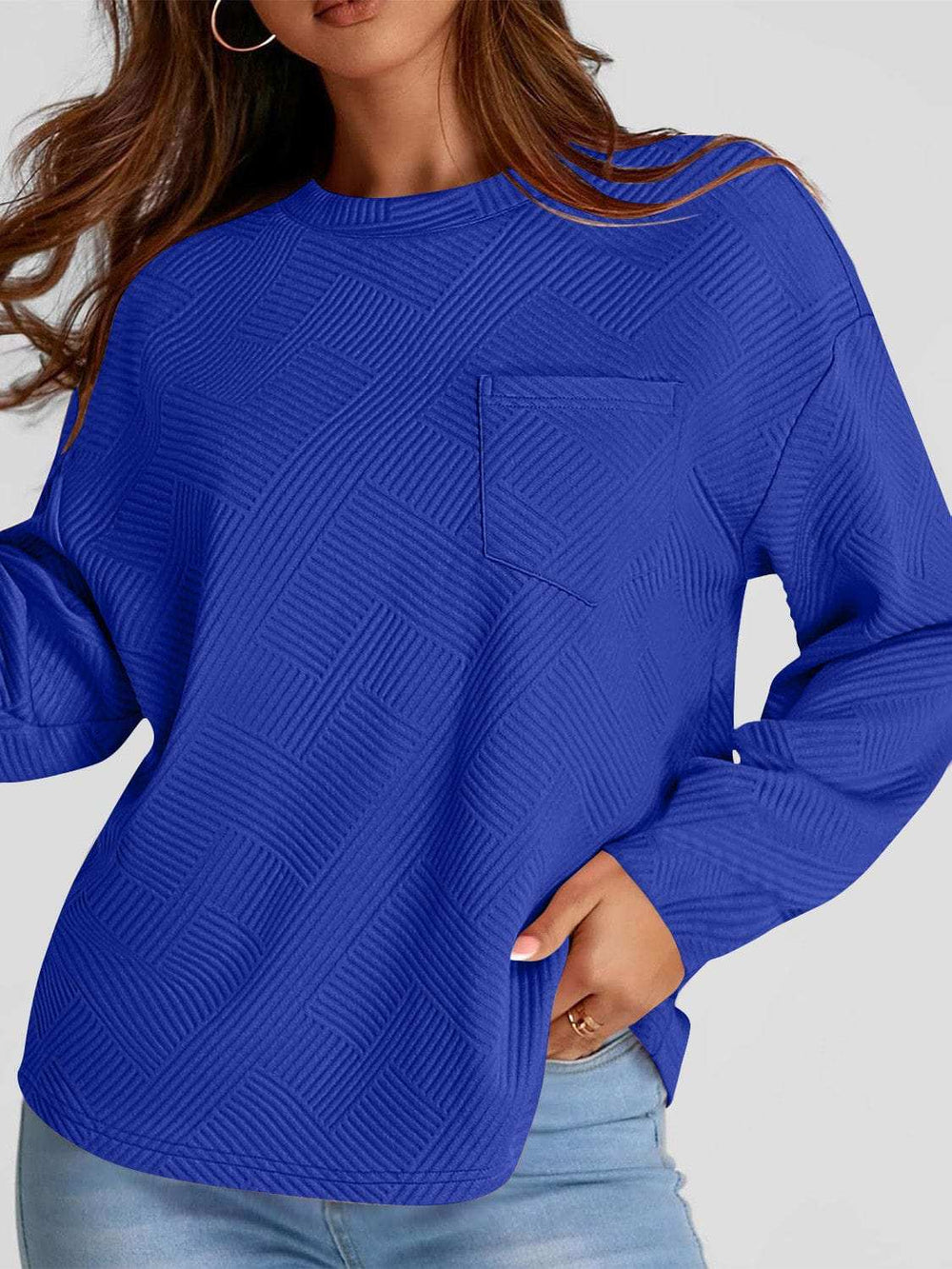 Full Size Texture Round Neck Long Sleeve Sweatshirt - Trendsi - Flyclothing LLC