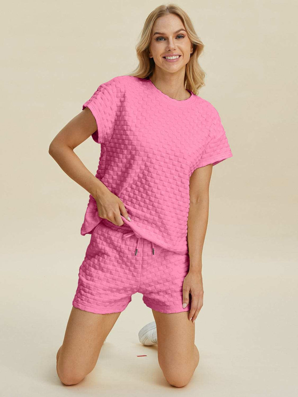 Double Take Full Size Texture T-Shirt and Shorts Set - Trendsi - Flyclothing LLC