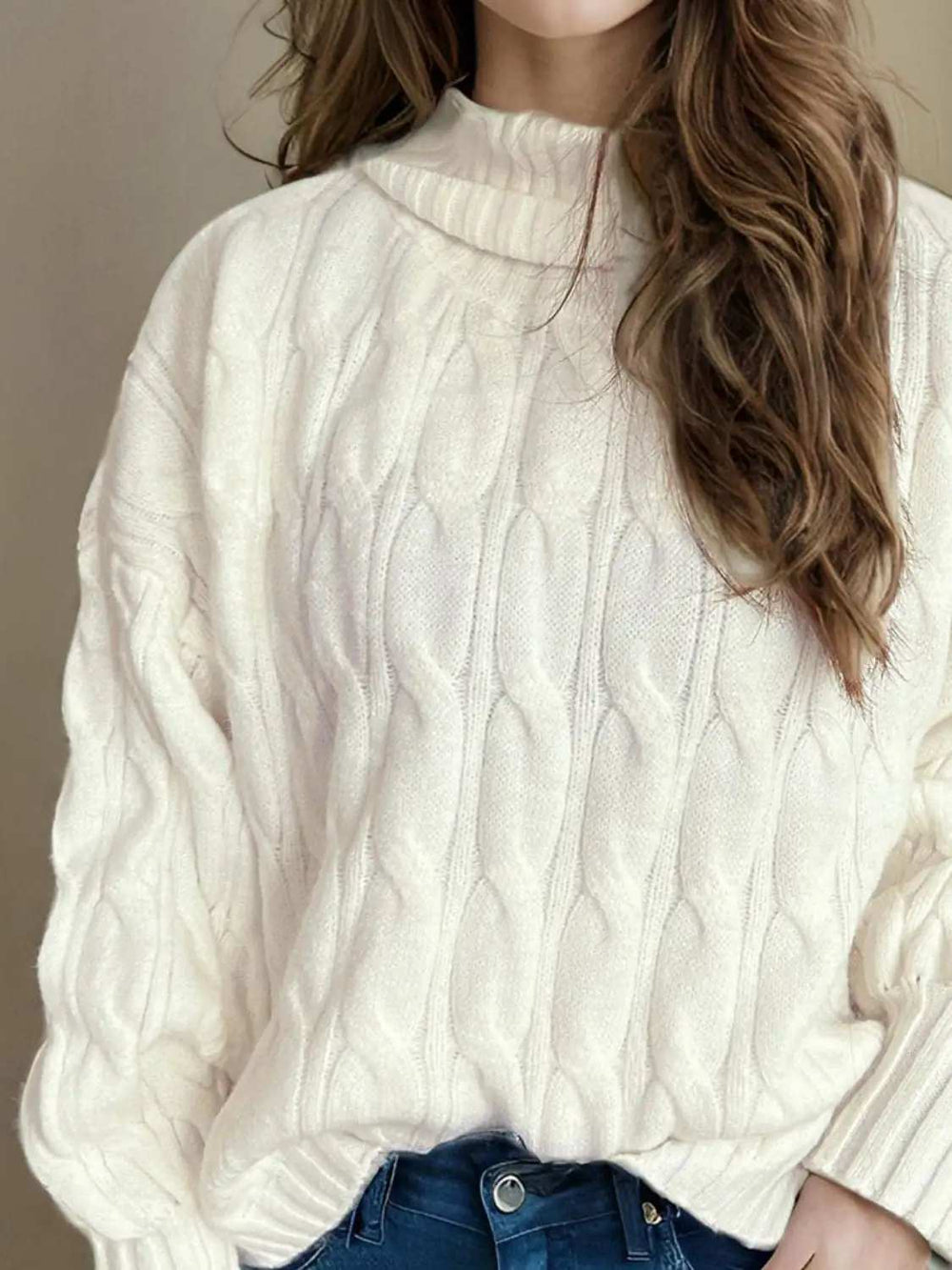 Cable-Knit Turtleneck Long Sleeve Sweater - Trendsi - Flyclothing LLC