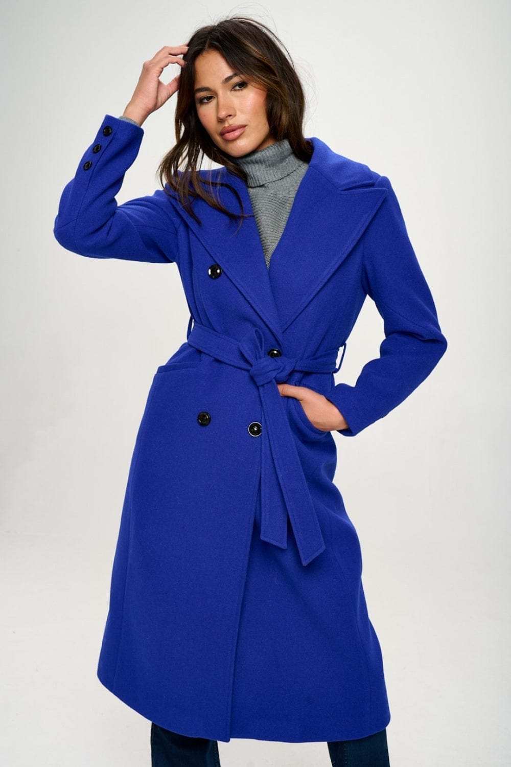 Coalition LA Double-Breasted Longline Coat with Belt - Trendsi - Flyclothing LLC