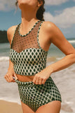 Dotted Mesh Plaid Patchwork High Waisted Swim Set - Trendsi - Flyclothing LLC