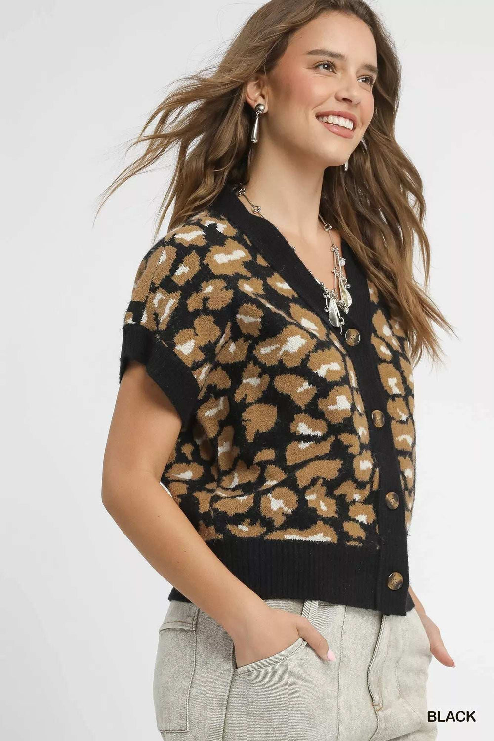 Umgee Leopard Button Down Short Sleeve Cardigan - Trendsi - Flyclothing LLC
