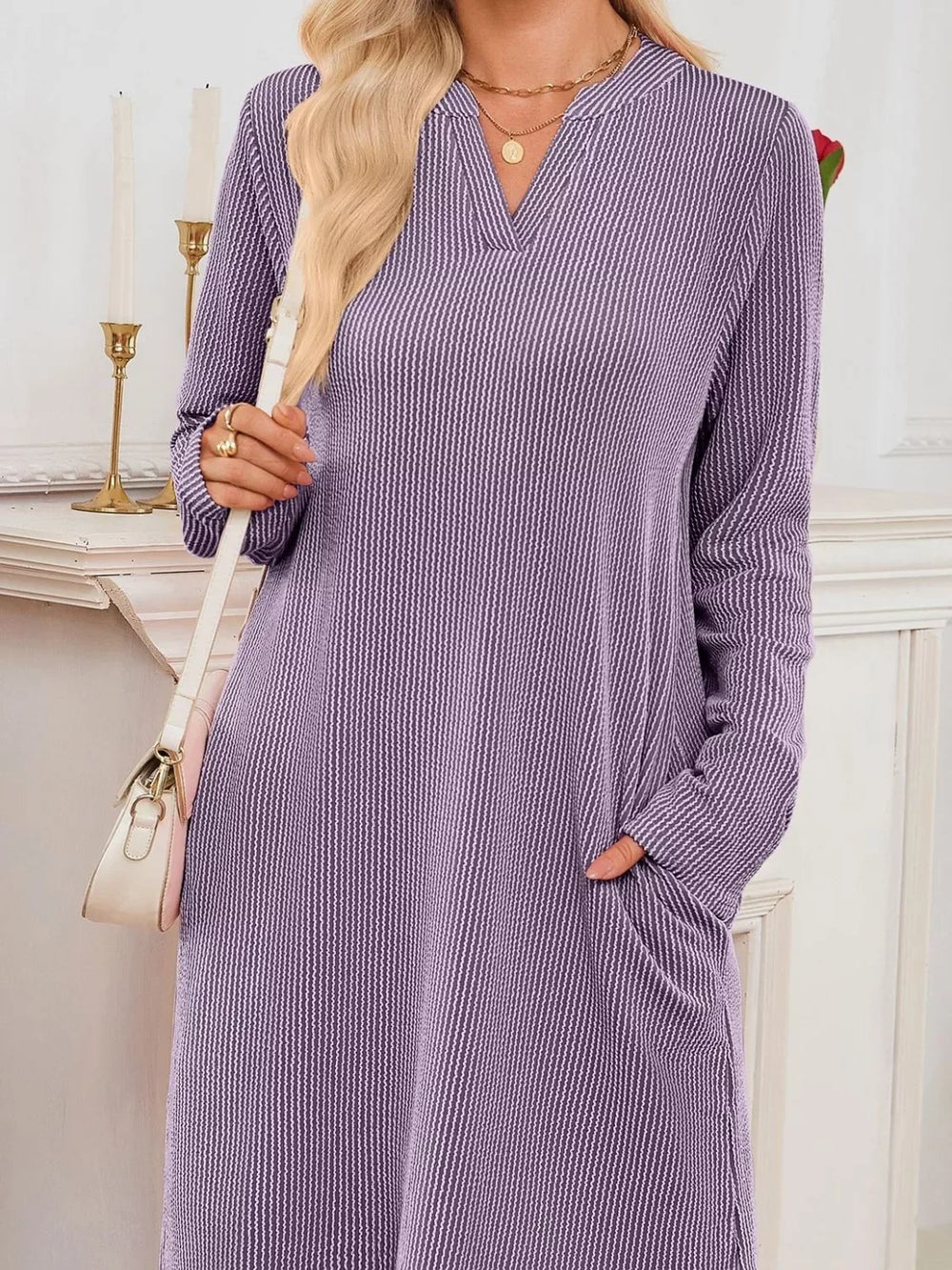 Casual Ribbed Knit Long Sleeve Dress - Trendsi - Flyclothing LLC