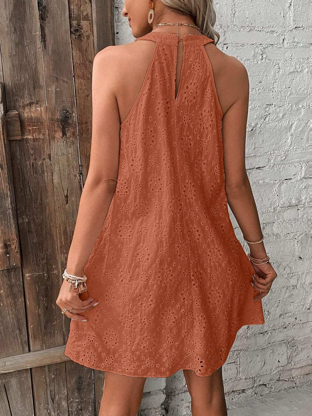 Eyelet Grecian Neck Mini Dress - Trendsi - Flyclothing LLC