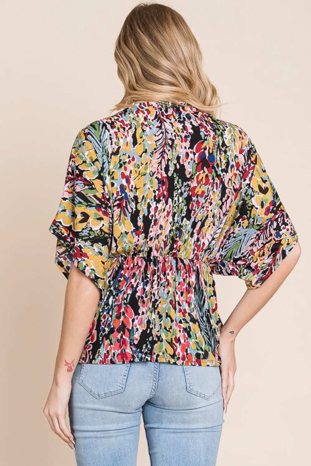 BOMBOM Printed Surplice Peplum Blouse - Trendsi - Flyclothing LLC