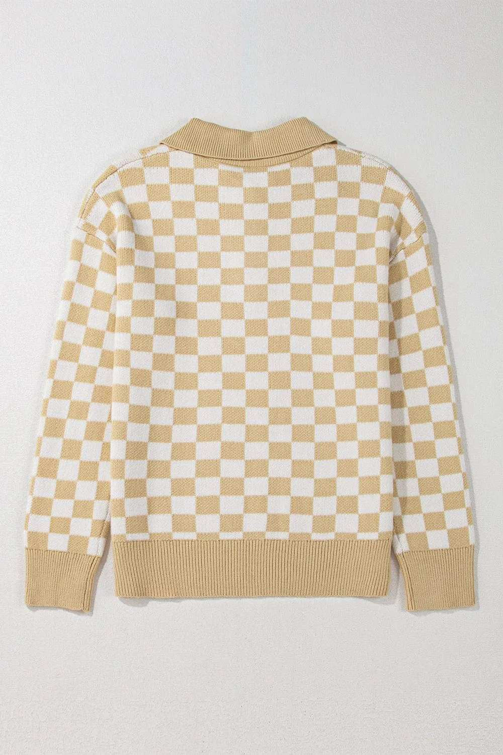 Checkered Collared Neck Long Sleeve Sweater - Trendsi - Flyclothing LLC