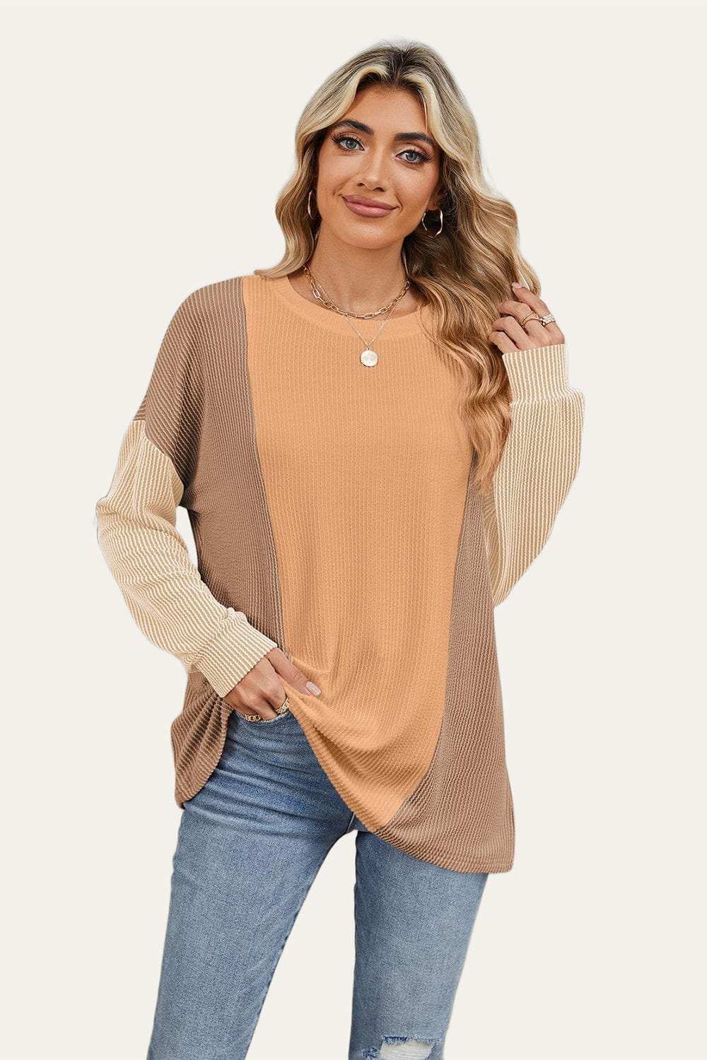 Double Take Texture Contrast Round Neck Long Sleeve T-Shirt - Trendsi - Flyclothing LLC