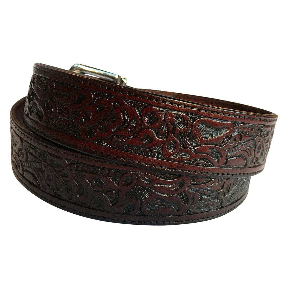 Tooled Floral Genuine Leather Western Belt (Black or Brown) - Rockmount Clothing - Flyclothing LLC