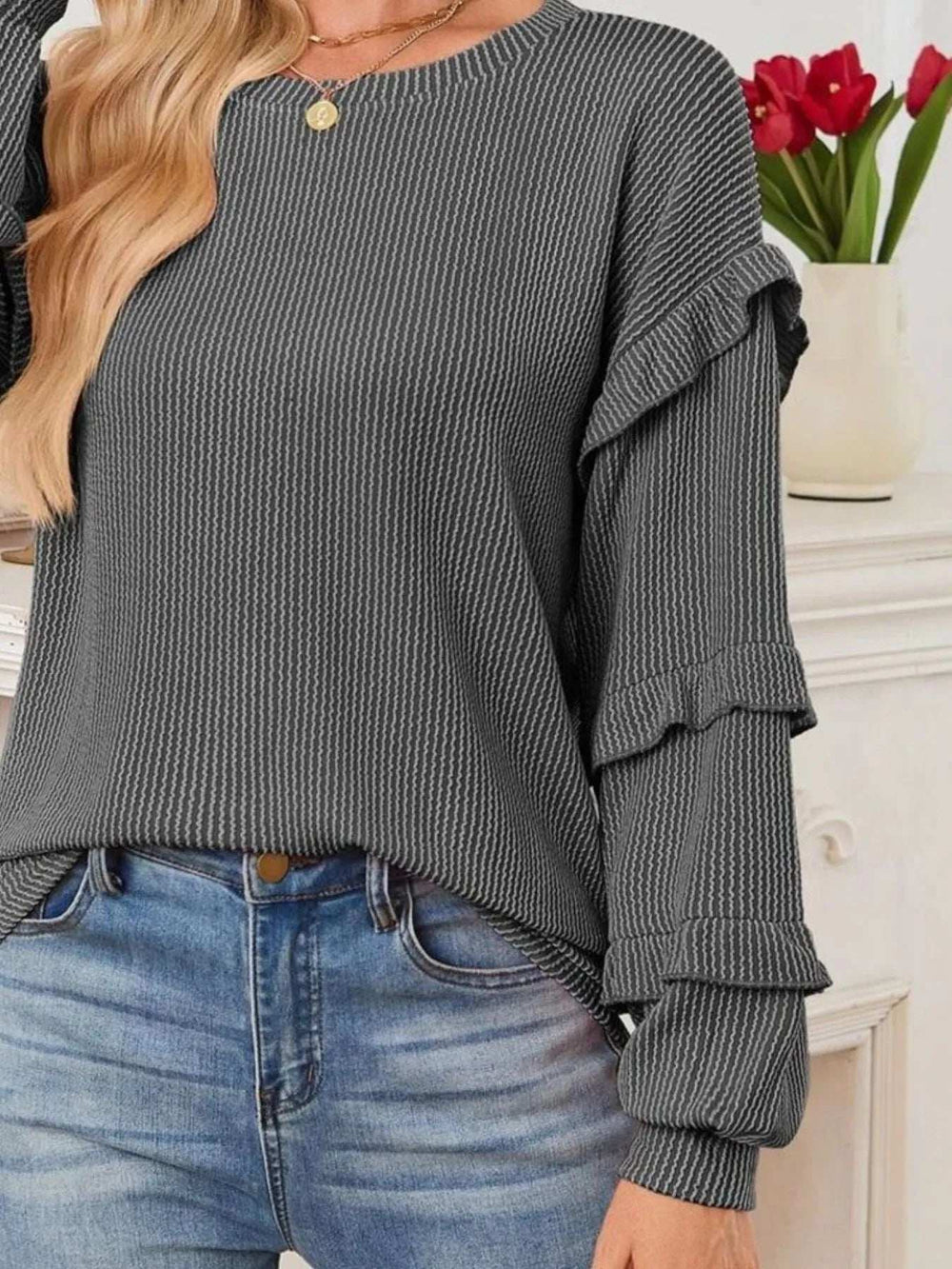 Ruffled Round Neck Long Sleeve Sweatshirt - Trendsi - Flyclothing LLC
