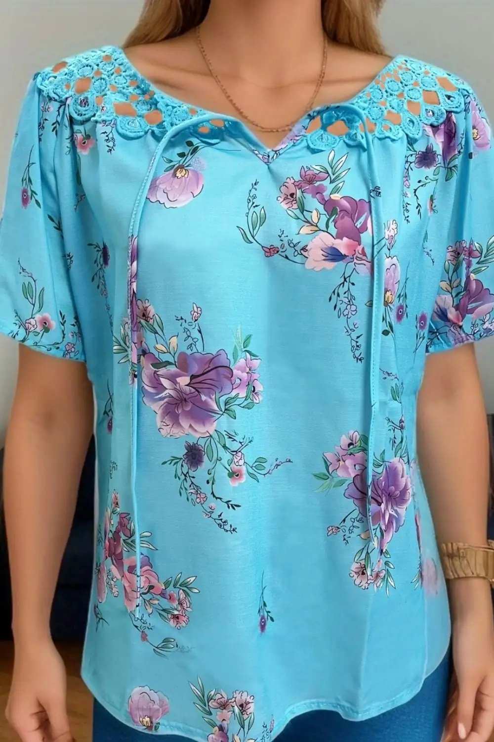 Full Size Printed Tie Neck Short Sleeve Blouse - Trendsi - Flyclothing LLC
