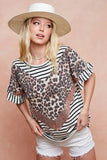 BiBi Stripe Rayon Span Knit Color Block Top With Leopard - Trendsi - Flyclothing LLC
