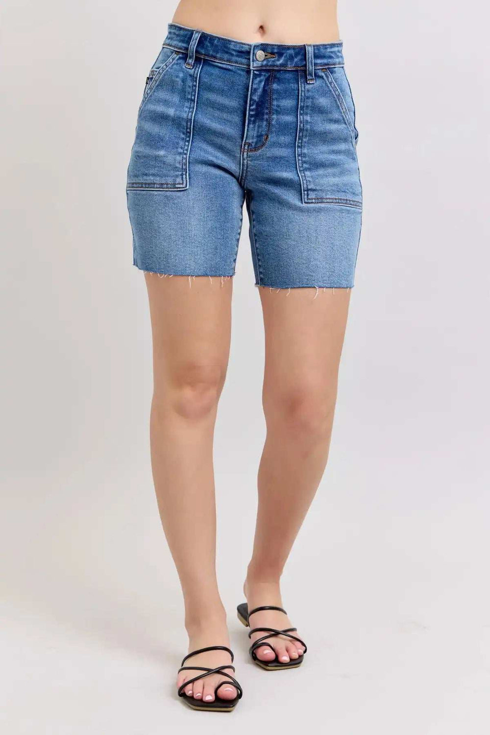 Judy Blue Full Size Mid Rise Bermudas Denim Shorts W/ Back Flap Pockets Plus Size - Trendsi - Flyclothing LLC