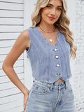 V-Neck Button Down Denim Vest - Trendsi - Flyclothing LLC