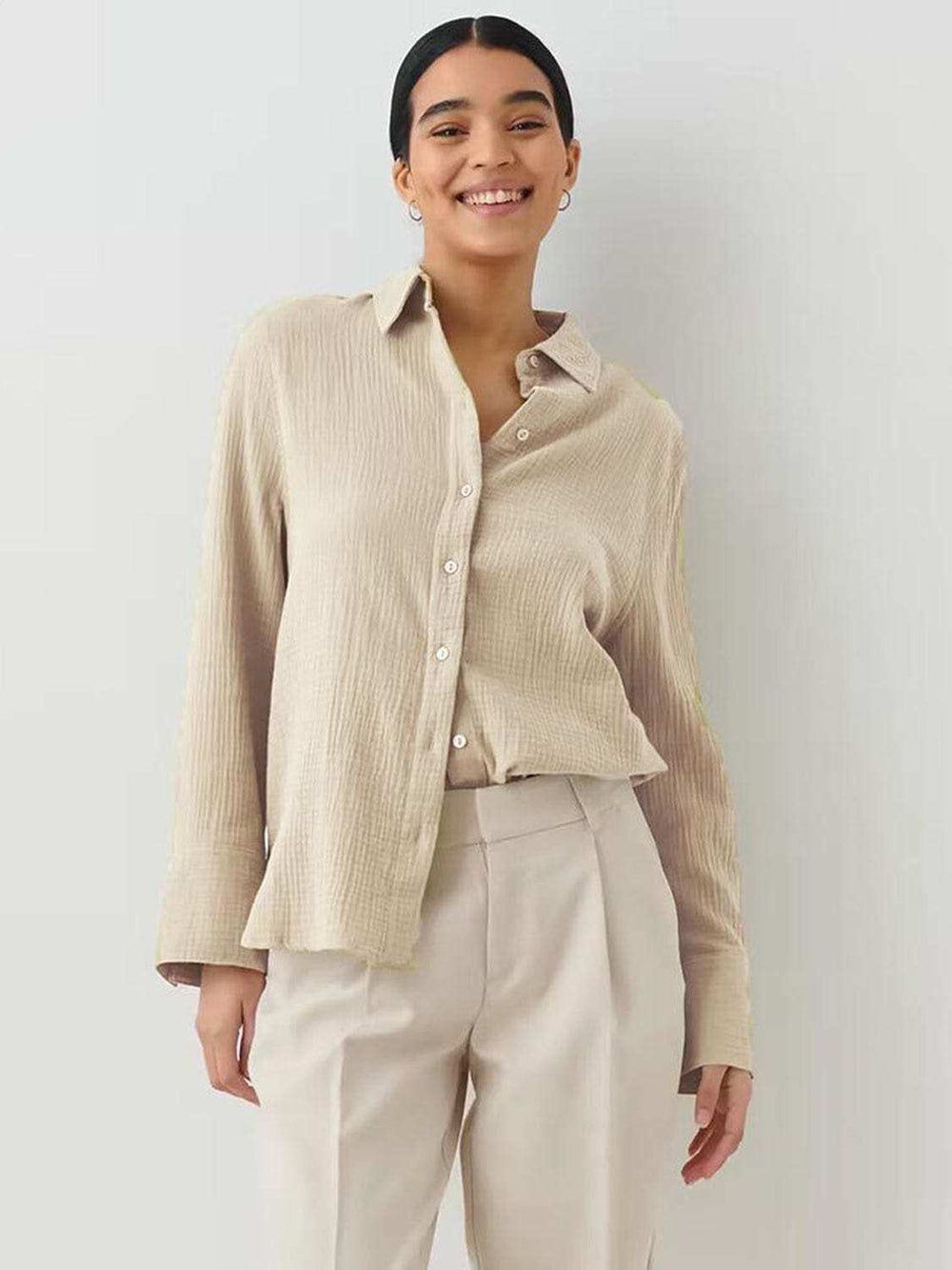 Textured Collared Neck Long Sleeve Shirt - Trendsi - Flyclothing LLC