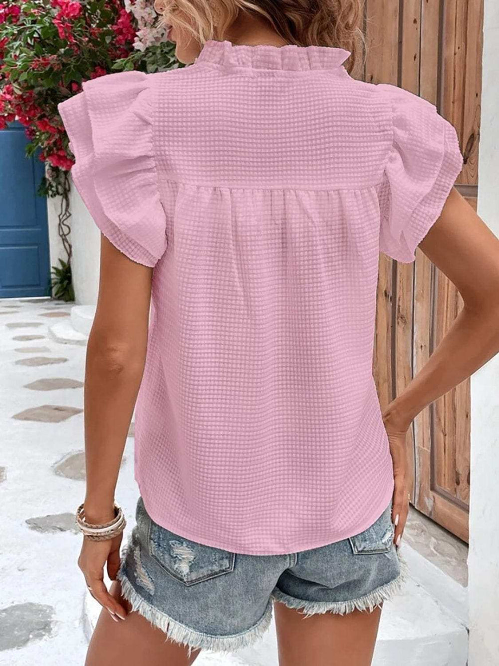 Ruffled Notched Cap Sleeve Blouse - Trendsi - Flyclothing LLC