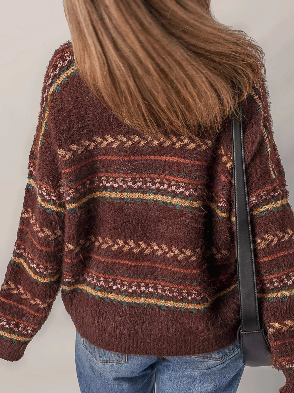 Ethnic Pattern Mohair Knitted Drop Shoulder Sweater - Trendsi - Flyclothing LLC