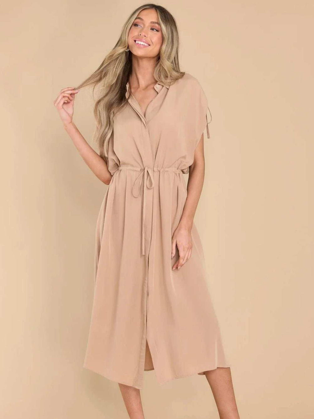 Drawstring Collared Neck Short Sleeve Midi Dress - Trendsi - Flyclothing LLC